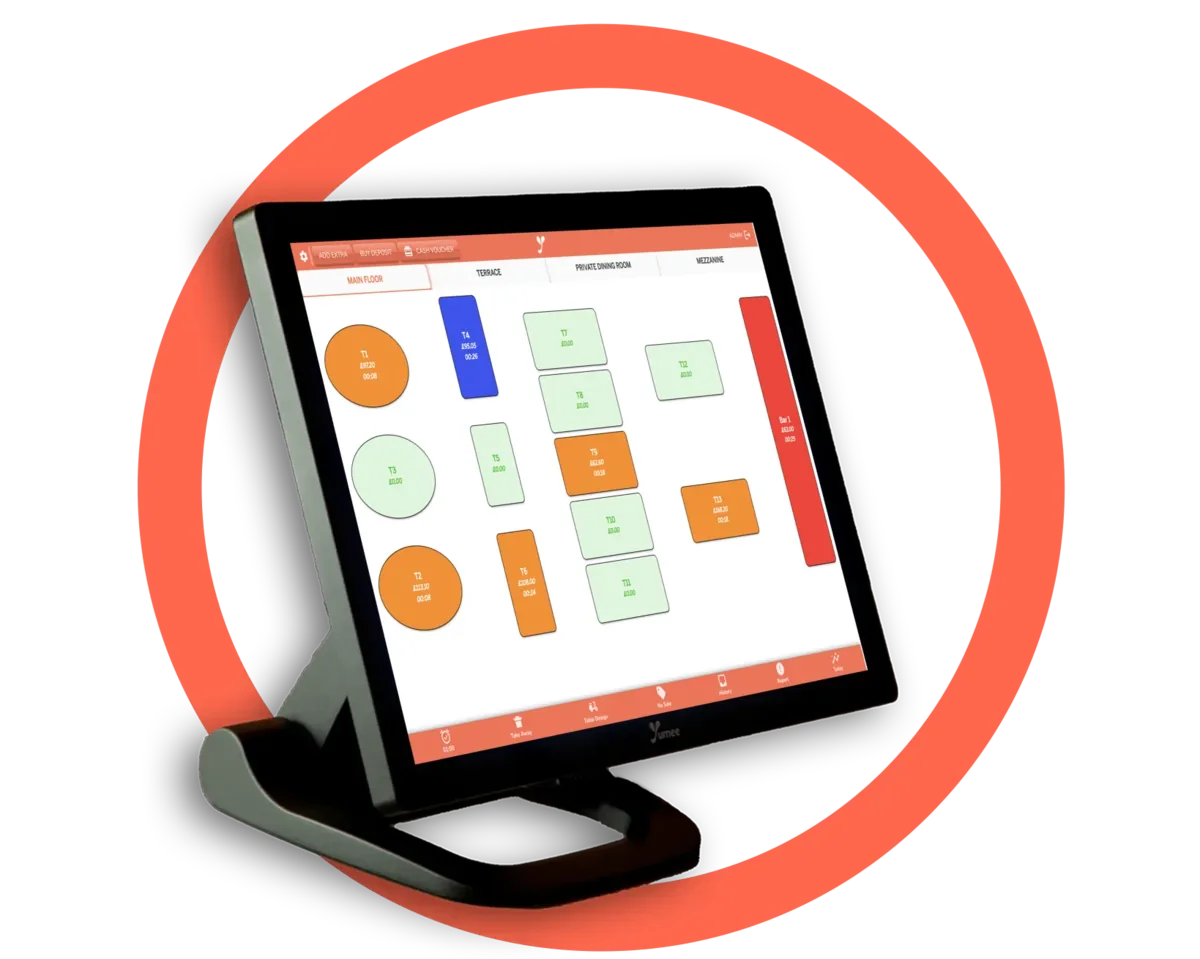 The table plan on a Yumee till: rooms, occupied and free tables, and the open bill on each table