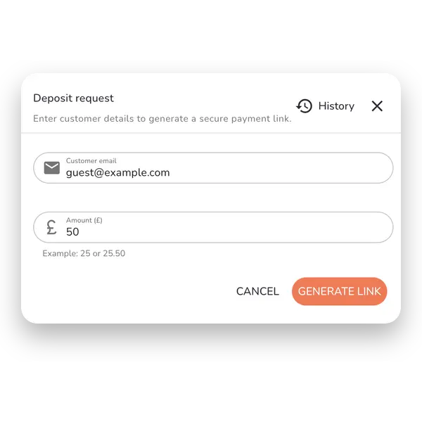 A deposit request on the Yumee till: the customer’s email, the amount and a secure payment link
